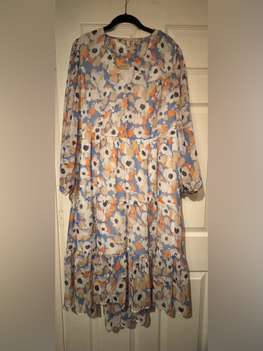NWT Joie Sz Large Light Blue Floral Tiered Dress with White & Orange Accents